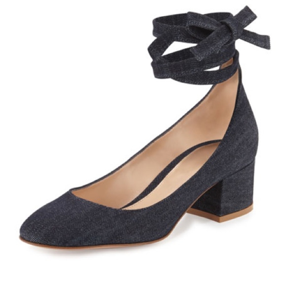 Gianvito Rossi Petra Block-Heel Ankle-Wrap Pumps Sz 37 Denim